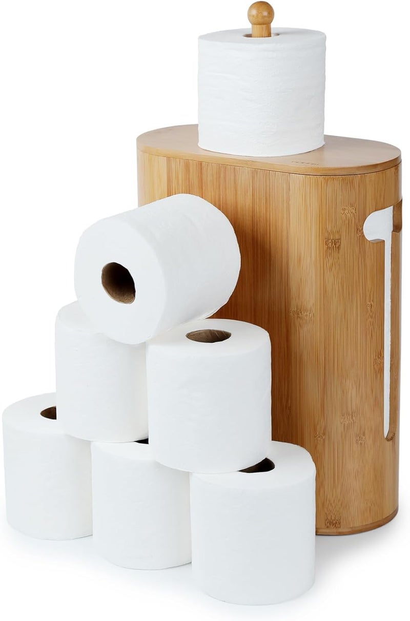 GOBAM Bamboo Toilet Paper Storage with Dual-Use Lid, Freestanding Bathroom Tissue Organizer with Viewing Slot, Built-In Handle, Anti-Slip Base, Compact Toilet Paper Holder Stand for up to 6 Mega Rolls - Image 2